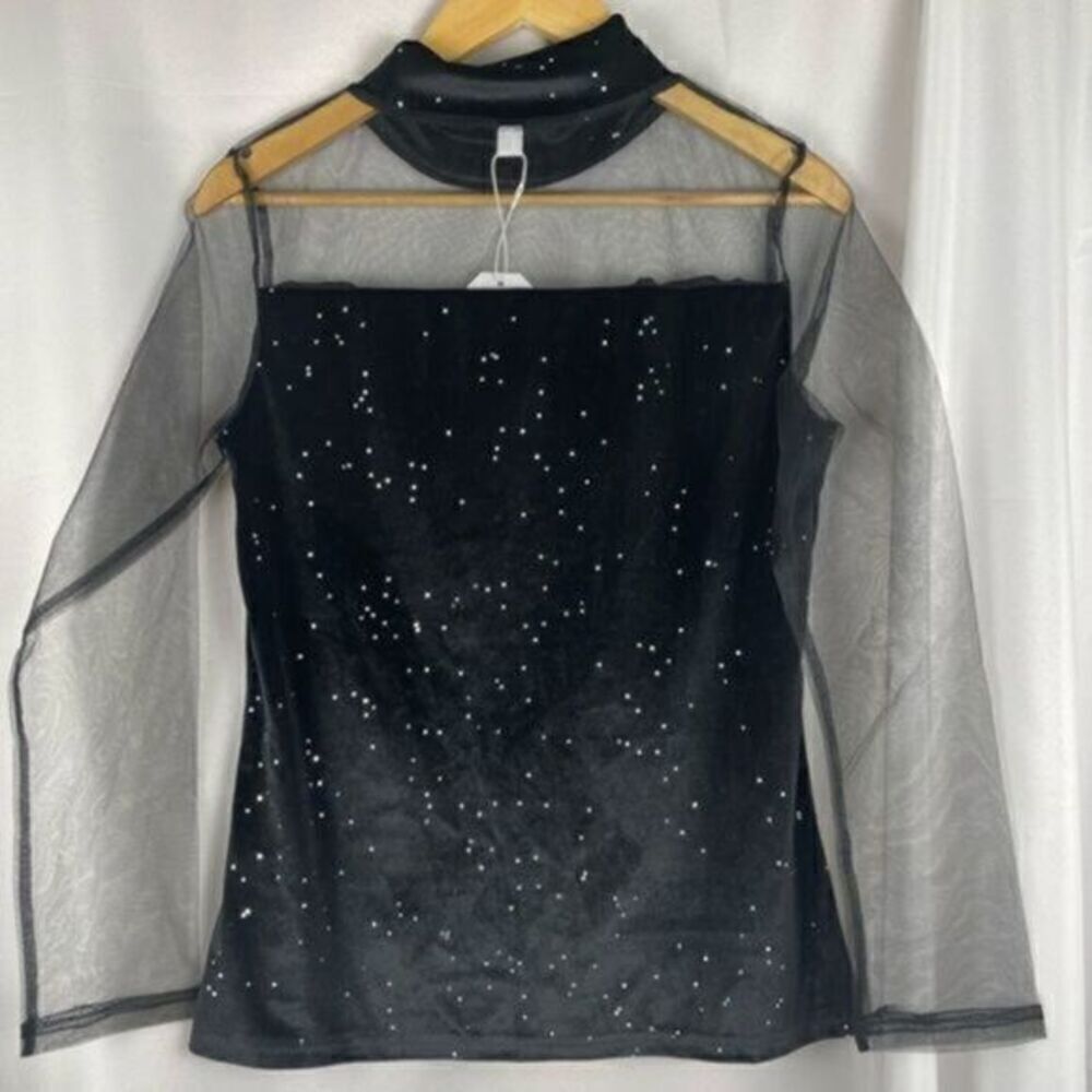 Aderez Black Sparkly Top Mesh Sleeves Bodice Medium NWT